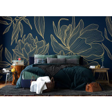 Een fotobehang met een chic gouden bloemenpatroon in de slaapkamer, waarin de gedetailleerde bloemmotieven en glanzende goudlijnen een rustgevende en luxe sfeer brengen.