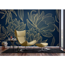 Een fotobehang met een chic gouden bloemenpatroon in een moderne woonkamer, waarbij het samenspel van groene bladeren en gouden accenten zorgt voor een stijlvolle en tijdloze uitstraling.
