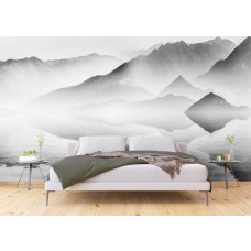 Een fotobehang van een Chinese inkt landschap met bergen en een meer in een slaapkamer.