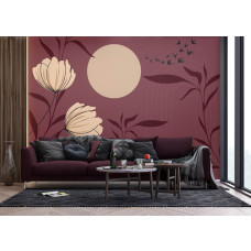 Een fotobehang met een Chinese tuin in de woonkamer, waar de gedetailleerde bloemmotieven, weelderige planten en rustgevende vogels zorgen voor een Oosterse en klassieke ambiance.