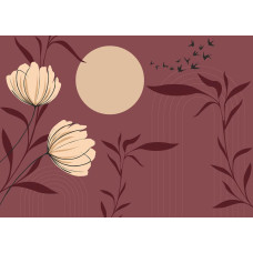 Een fotobehang met een Chinese tuin, waarin een sierlijke bloem, exotische planten en elegante vogels op een warme bruine achtergrond samenkomen voor een harmonieuze uitstraling.