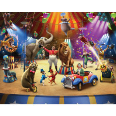 Circus artiesten fotobehang, speciaal ontworpen voor de kinderkamer met vrolijke en kleurrijke karakters.