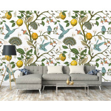 Een fotobehang van citroenen en vogels in een gezellige huiskamer.