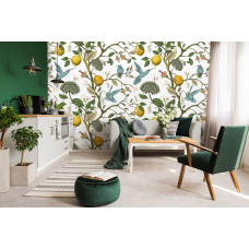 Een fotobehang van citroenen en vogels in vliesbehangstijl voor een woonkamer.