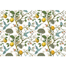 Fotobehang van citroenen en vogels tussen de bladeren, in een kleurrijke compositie.
