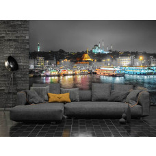 Een fotobehang met een panoramisch uitzicht over de stad Istanboel.