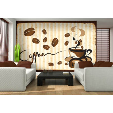 Een fotobehang met een koffie kopje en koffiebonen, geschikt voor een keuken of café-stijl.