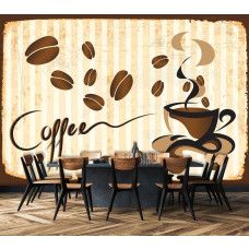 Een fotobehang van koffiebonen en een koffie kopje, passend in een sfeervolle eetkamer.