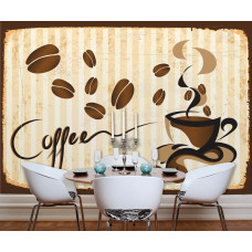Een fotobehang van koffie bonen en kopje in een rustieke woonkamer.