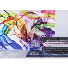 Abstract fotobehang met een kleurrijke rook in een moderne slaapkamer.