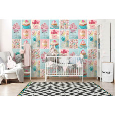 Een fotobehang met kleurrijke cupcakes en snoep voor de bakkerij en kinderkamer.
