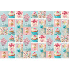 Fotobehang met cupcakes en snoep in roze en blauw, geschikt voor bakkerijen of keukens.