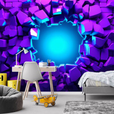 Fotobehang met digitale muurdoorbraak en neonkleuren, toegepast in een gamekamer met een energieke en spectaculaire uitstraling.