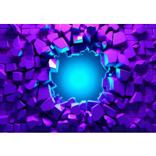 Fotobehang met paarse muurfragmenten die exploderen rond een felblauw lichtpunt in een futuristisch ontwerp.