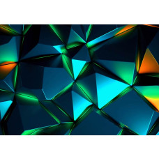 Fotobehang met digitale kristalstructuur in blauw- en groentinten met oranje lichtaccenten in een futuristisch 3D-ontwerp.