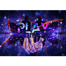 Fotobehang met de tekst Play en een futuristische hand eronder in een kunstzinnig, digitaal ontwerp.