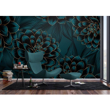Een stijlvol fotobehang van dahlia’s met gouden accenten in een moderne woonkamer, combineert natuur met luxe.