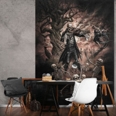 Een fotobehang van de Danse Macabre met dodendans en schedels voor de woonkamer.