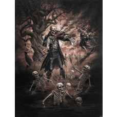 Fotobehang van een dodendans met skulls, donkere sfeer.