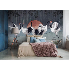 Een fotobehang van dansende kraanvogels in een slaapkamer met artistieke sfeer.