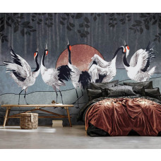 Een fotobehang van dansende kraanvogels in vliesbehangstijl voor een slaapkamer.