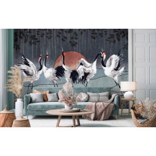 Een fotobehang van dansende kraanvogels in een stijlvolle woonkamer.