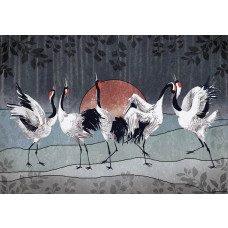 Fotobehang van dansende kraanvogels, weergegeven in een artistieke compositie.