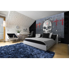 Een fotobehang met een metalen doodshoofd in deathmetal-stijl voor de kinderkamer.