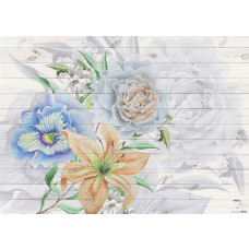 Een fotobehang van delicate bloemen op houten planken, dat een verfijnde en rustieke uitstraling biedt.
