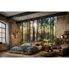 Fotobehang van een zonovergoten dennenbos in een rustgevende slaapkamer.