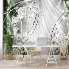Een fotobehang met diamanten op een smaragdgroene en zilveren achtergrond voor het kantoor.