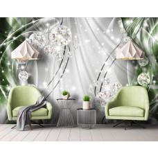Een fotobehang met diamanten op een smaragdgroene en zilveren achtergrond voor de woonkamer.