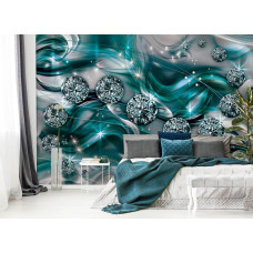 Een fotobehang van smaragdgroene en zilveren diamanten, perfect voor de slaapkamer.