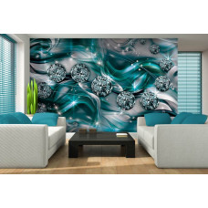 Een fotobehang met glinsterende smaragd- en zilveraccenten, passend voor de woonkamer.