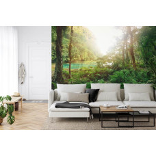 Een fotobehang met een sfeervolle weergave van een tropische jungle en meer, ideaal voor een huiskamer.