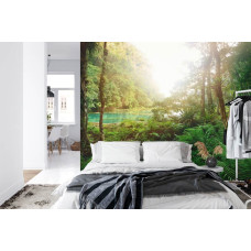 Een fotobehang met een exotisch beeld van een jungle en een rustig meer, geschikt voor een slaapkamer.