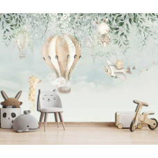 Een fotobehang van een giraffe in een luchtballon in een speelse kinderkamer.