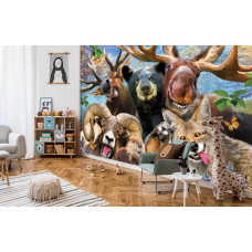 Een fotobehang van een vrolijke beestenboel uit het bos, ideaal voor een speelkamer.