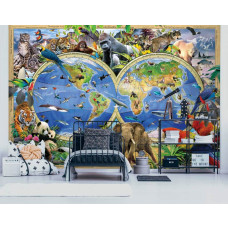 Een fotobehang met een dierenwereldkaart, perfect voor een kinderkamer.
