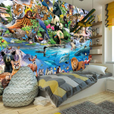 Een fotobehang met dieren uit de dierentuin, ideaal voor kinderkamers en speelkamers.