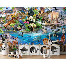Een fotobehang met dierentuin dieren, passend voor een babykamer.