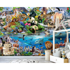Een fotobehang van dierentuin dieren, perfect voor een speelse kinderkamer.