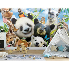 Een fotobehang met dierentuin dieren in een grappige selfie-stijl, ideaal voor een kinderkamer.
