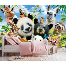 Een fotobehang van dierentuindieren in een speelse selfie voor meisjeskamer.
