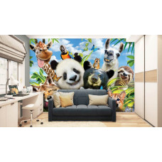 Een fotobehang van vrolijke dierentuin dieren in een grappige setting, perfect voor een slaapkamer.
