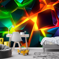 Fotobehang met kleurrijke digitale fragmenten in neonstijl, toegepast in een gamekamer met een levendige en energieke uitstraling.