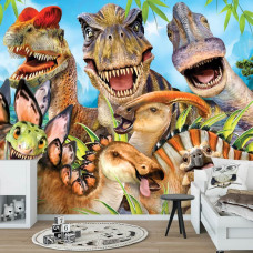 Een fotobehang met dinosaurusfiguren in een speelse selfie-stijl voor kinderen.
