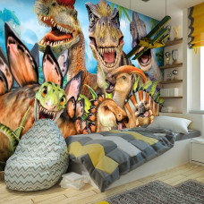 Een fotobehang met dinosaurus-selfies in een grappige compositie, ideaal voor een kinderkamer.