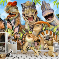 Een fotobehang met lachende dinosaurussen in een kleurrijke stijl voor de speelkamer.