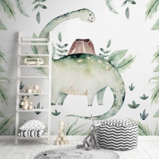 Een botanisch fotobehang met dinosaurussen en bladeren in natuurlijke tinten voor een babykamer.